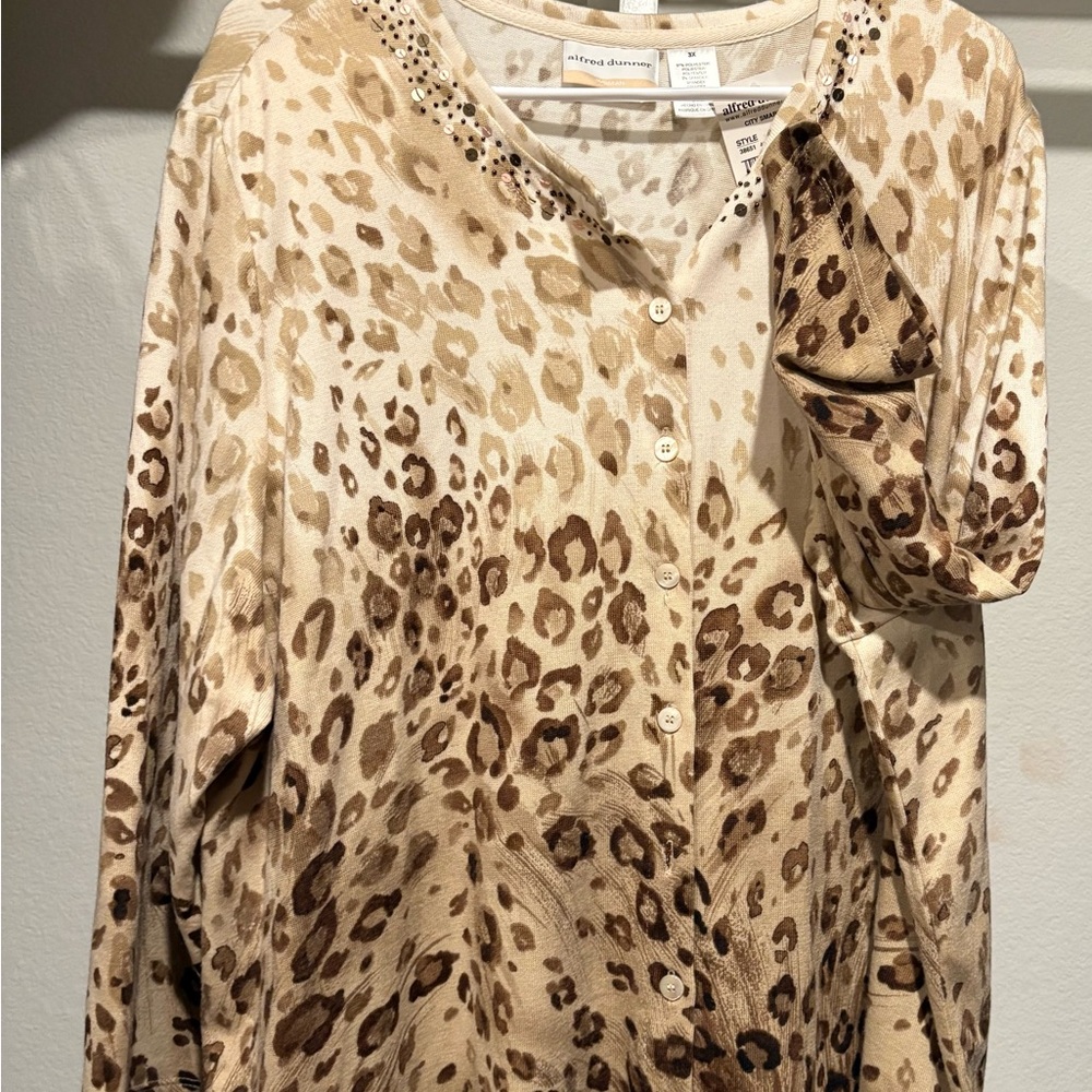 Alfred Dunner Beige and Brown Leopard Print Button-Down Top